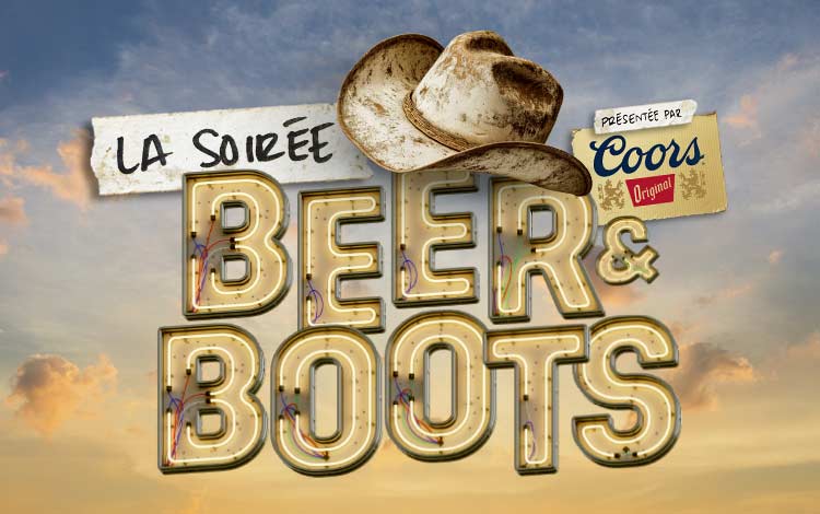 Présentée par Coors Original, la soirée BEER & BOOTS ravira les amateurs de bon country et de danse en ligne ! Au menu : JB Linedance aux cours de danse et à l'animation musicale, une foule de cadeaux estivaux à donner et surtout des billets à faire tirer pour TA journée parfaite au Festival LASSO !